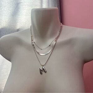 Elegant Silver Layered Necklace with 'M' Pendant